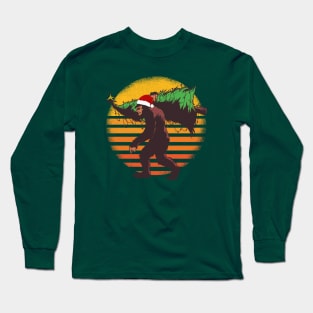 Big Foot Sasquatch Carrying A Christmas Tree Retro Sunset Santa Hat Long Sleeve T-Shirt